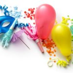 Party: Balloons, Blowers, Streamers, Confetti and Mask Isolated on White Background