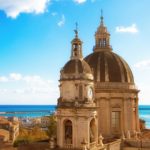 Catania, Sicily: Old Town Panorama with Cathedral Cupola and Sea
