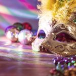 Mardi Gras, Rio carnival mask and colorful decorations.